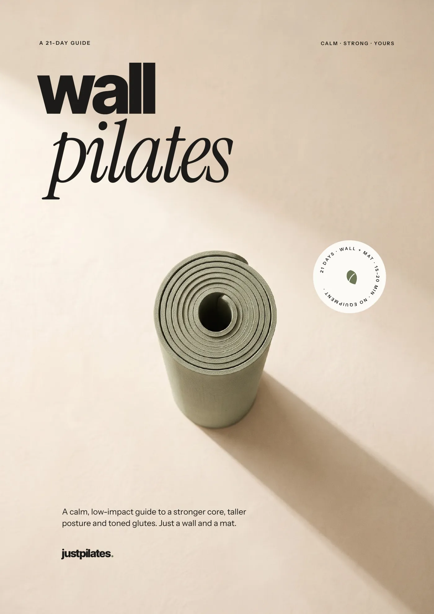 Cover of the wall pilates guide: a rolled sage-green yoga mat on a warm cream floor