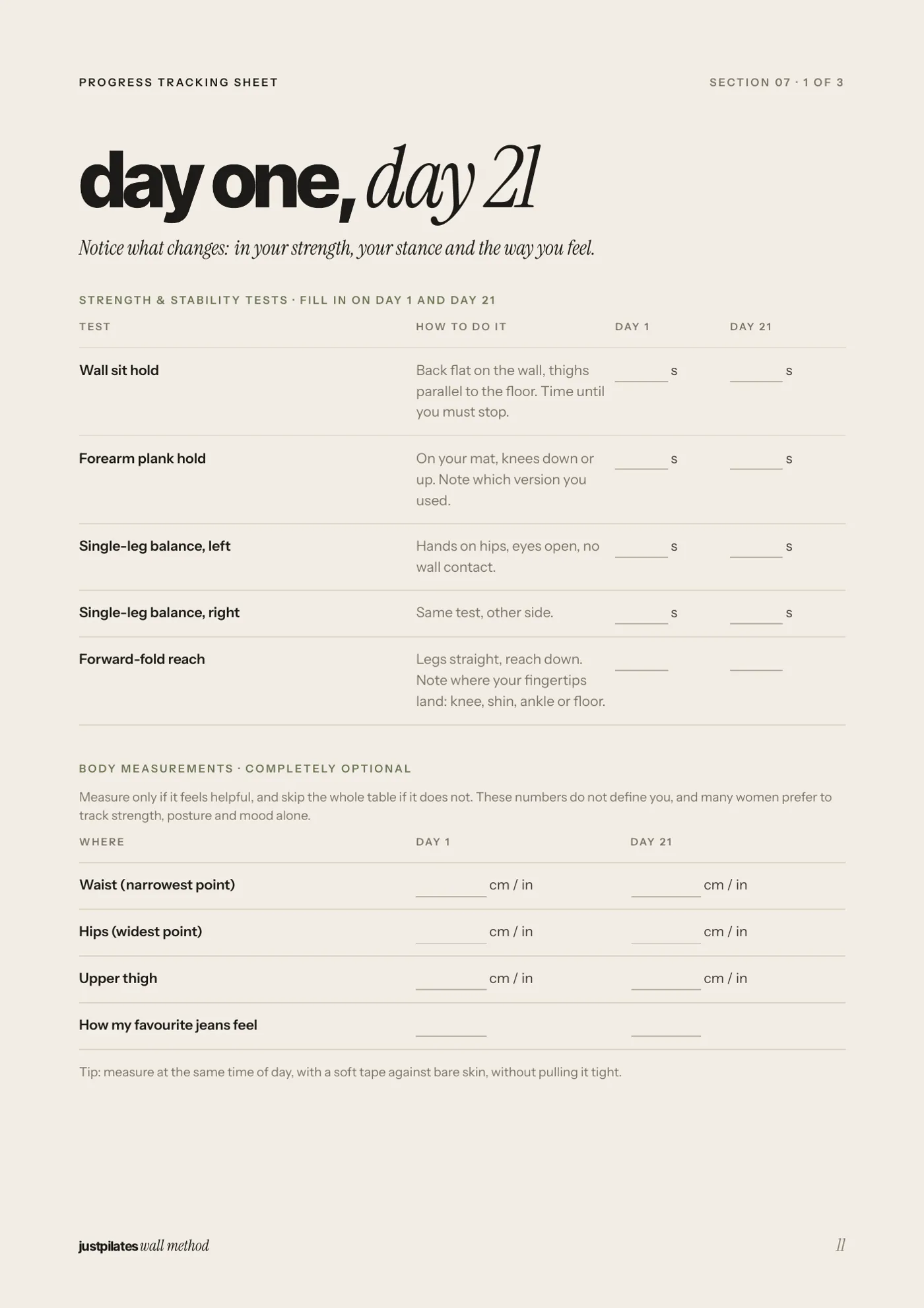 Progress sheet: day one versus day 21