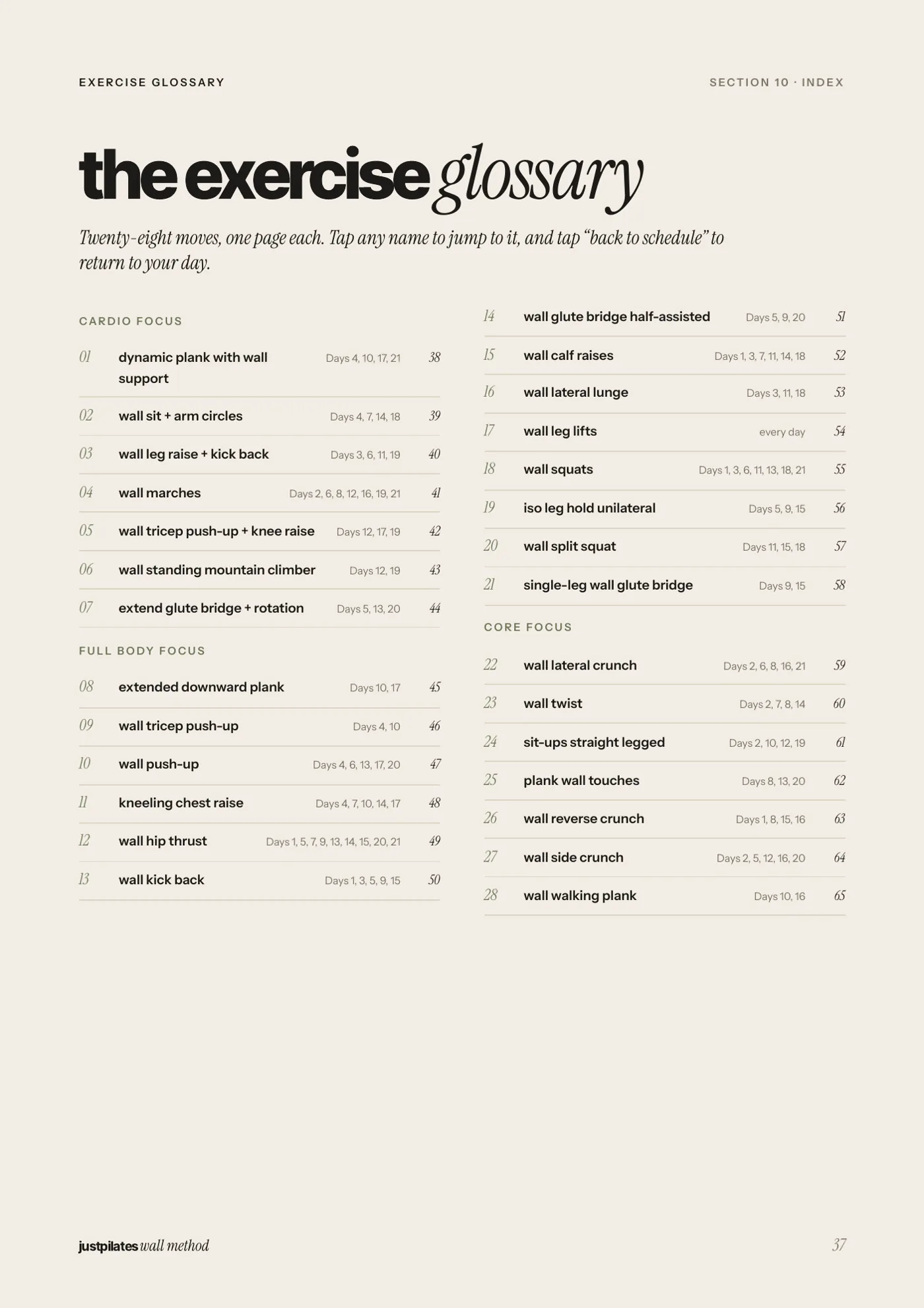 The exercise glossary: all 28 moves, one page each